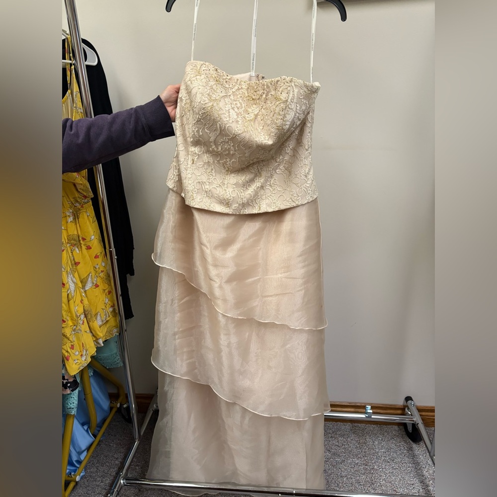 David's Bridal Cream/Gold Strapless  Layered Dress